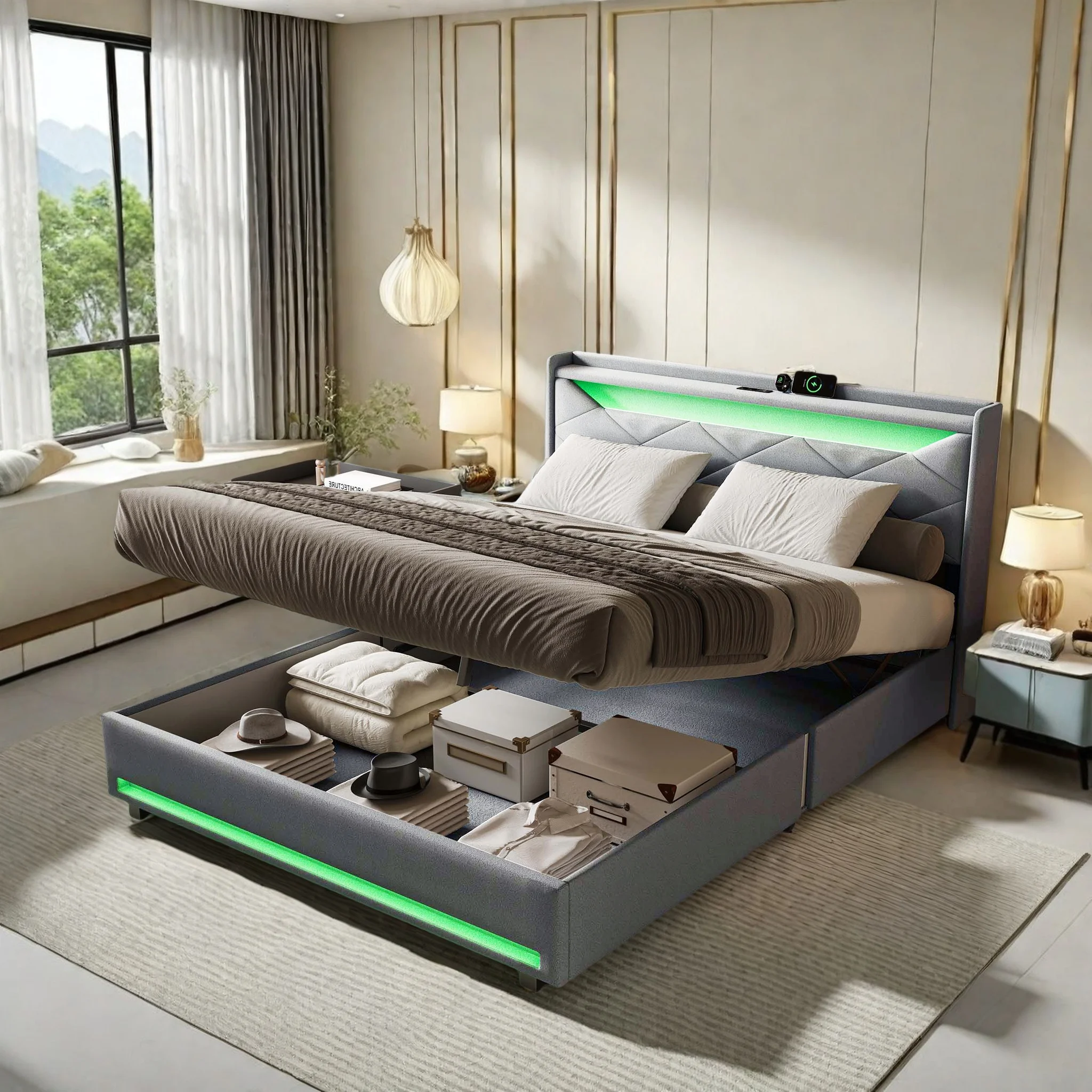 Letto imbottito 140x200 cm, letto idraulico con box contenitore, letto contenitore con porte USB e Type-C, letto matrimoniale con contenitore, struttura letto funzionale con rete a doghe, letto per