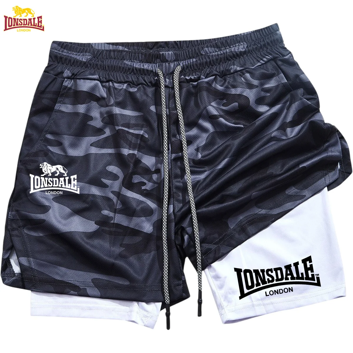 Ensemble de shorts de sport pour hommes LONSDALE (style course à pied), shorts de sport double couche pour la chaleur, shorts de fitness, shorts d'entraînement et de course