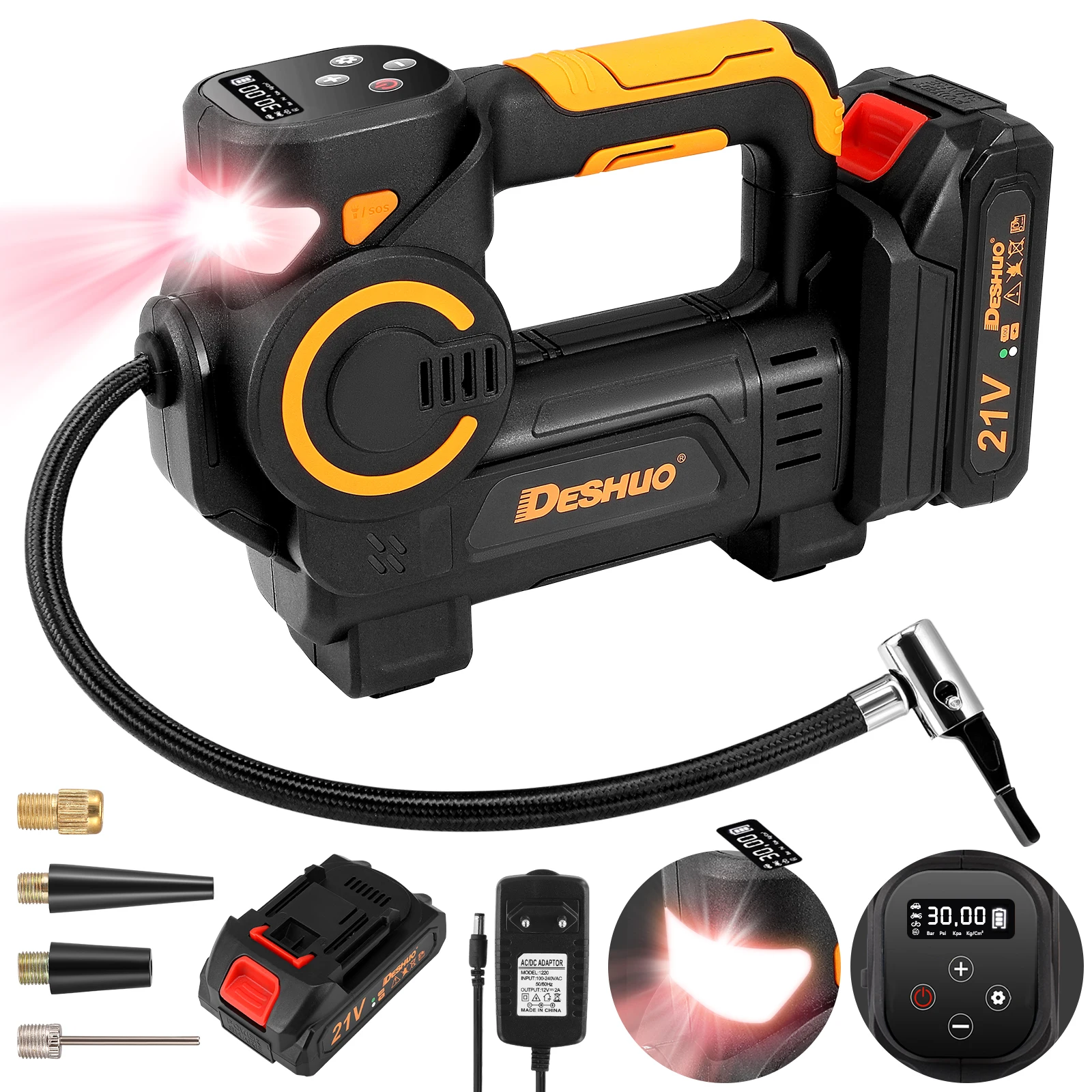 Compressore per pompa d'aria portatile Batteria da 12 V inclusa Gonfiatore senza fili agli ioni di litio per pneumatici per auto, pompa per moto elettrica per gonfiaggio