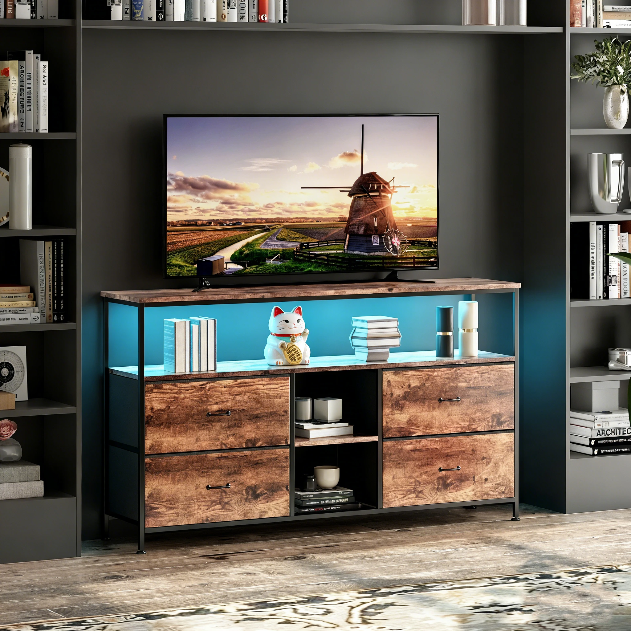 Superaly 137x30x78cm LED-TV-Schrank, TV-Ständer mit 4 Schubladen, offenen Fächern, TV-Möbel, Sideboard TV-Lowboard für das Wohnzimmer