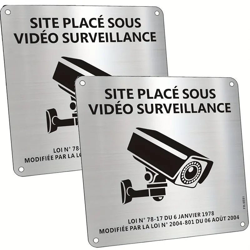 Französisches Videoüberwachungs-Schild, 2 Stück, Metall-Sicherheitskamera-Schild 15×15 cm, selbstklebend mit Loch, CCTV-Hinweis in französischer Sprache Image