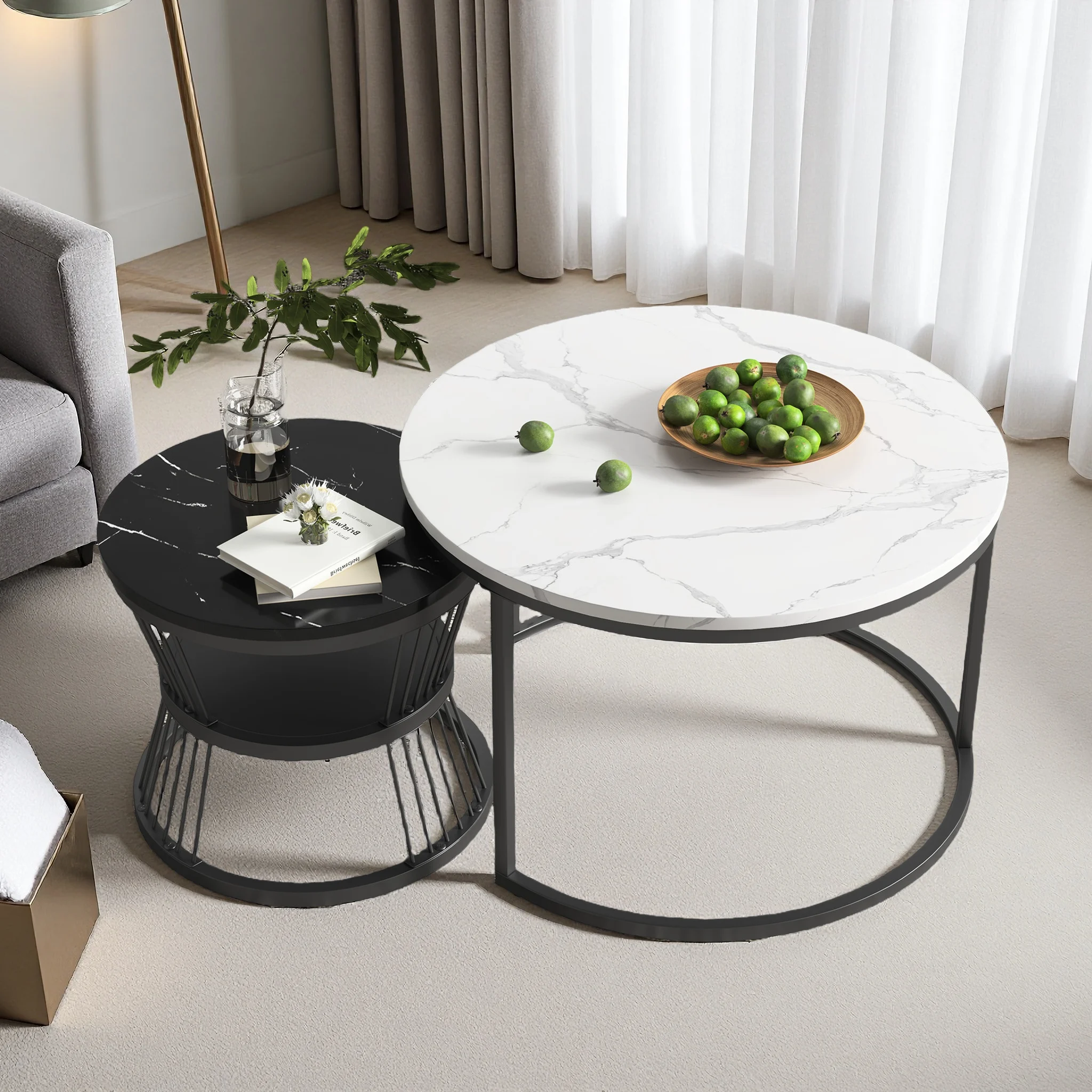 Comanlai Runder Couchtisch 2er-Set, Hochglanz-Beistelltische mit Stauraum und Marmor-Optik, Beistelltisch für Wohnzimmer Büro