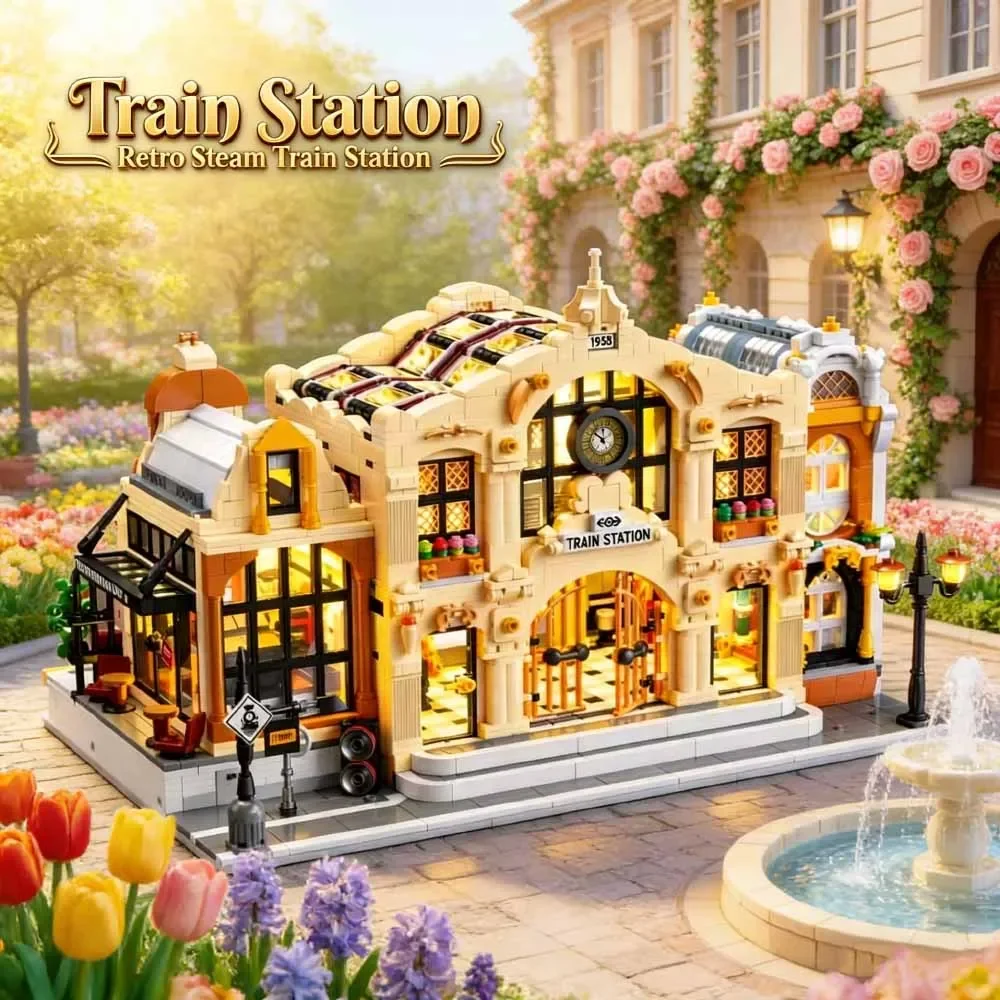 Kreative IDEEN Stadt mit Licht-Bausteinen MOC Straßenansicht Europa Bahnhof Modell Spielzeug 3220 Teile Geschenk-Puzzle Weihnachten Image
