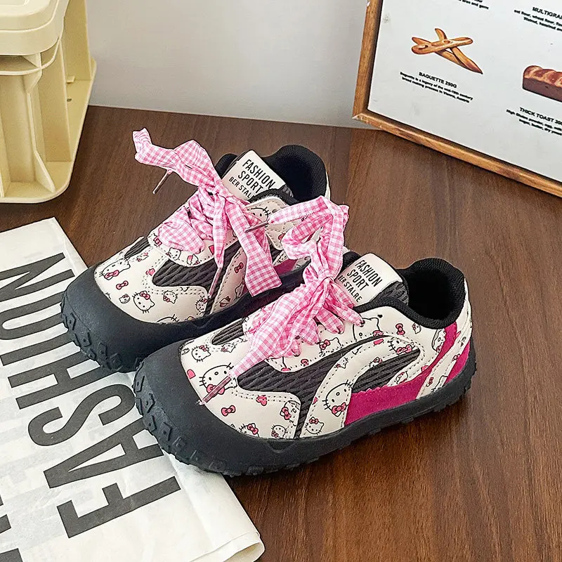 Sanrio Kinder-Freizeitschuhe, Hello Kitty, PU-Leder, modische flache Frühlingsschuhe mit Schleife für Mädchen, atmungsaktiv, rutschfest, rosa, Größe 23–37