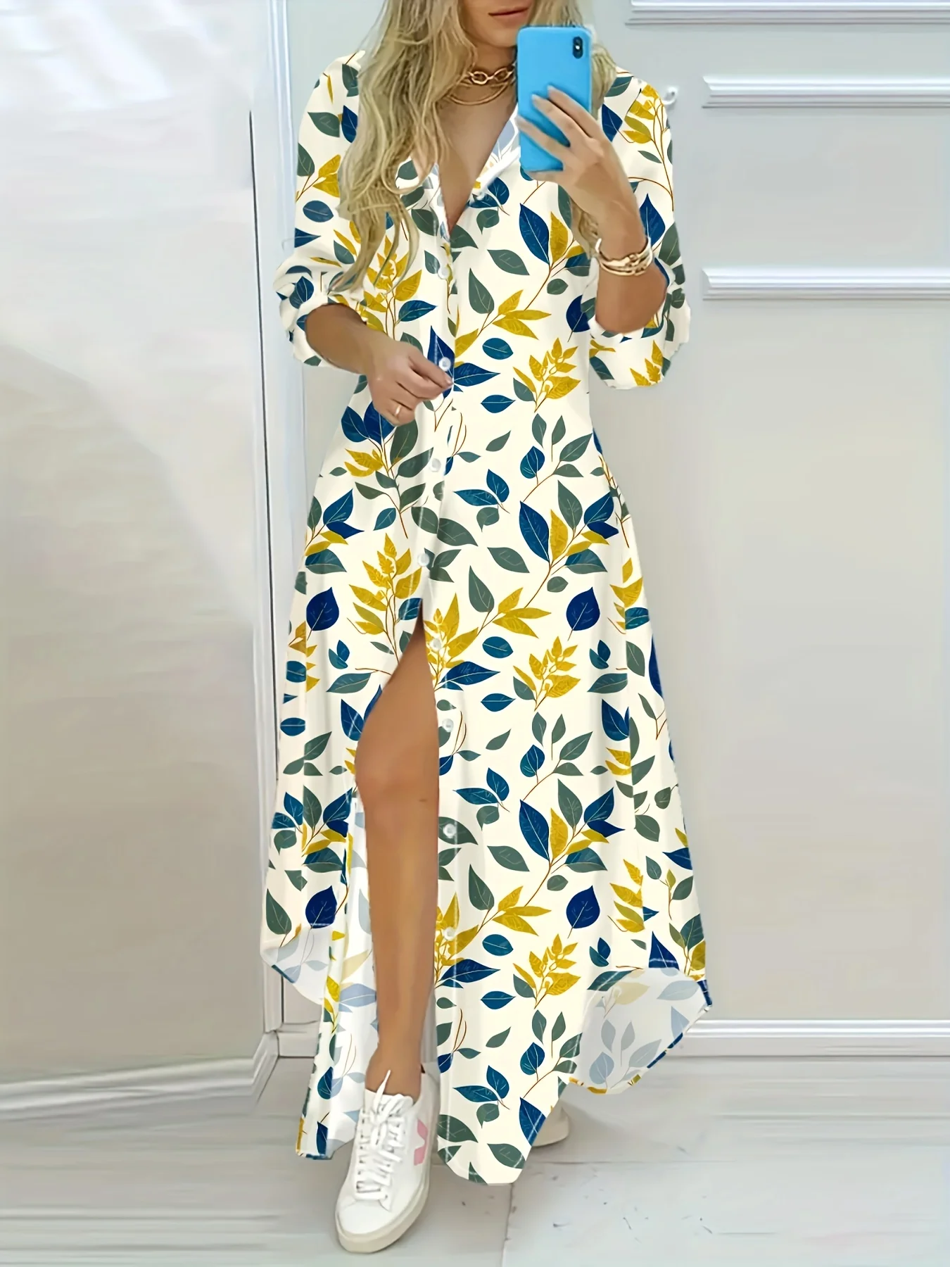 Frühling Herbst Lässiges Blumen- und Blätterdruck-Kleid in Blau, Gelb, Weiß Langarm-Kleid für Damen A-Linien-Midikleid Modische Streetwear Trendy