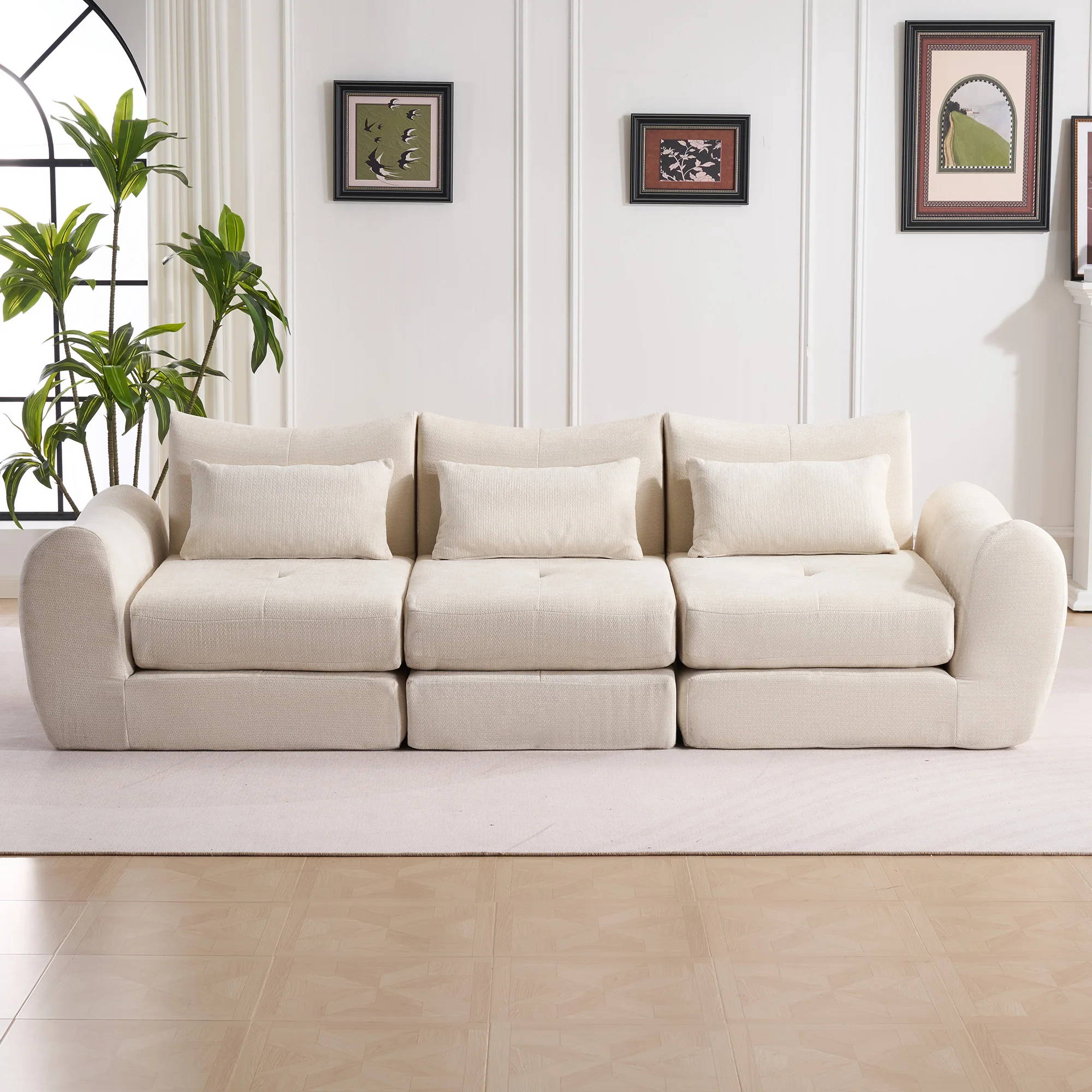 Beige Komfort-Kompaktsofa, 3-Sitzer, kein Aufbau erforderlich, Schlafsofa, schwarzes Chenille, frei kombinierbar für Wohnzimmer, Wohnung Image
