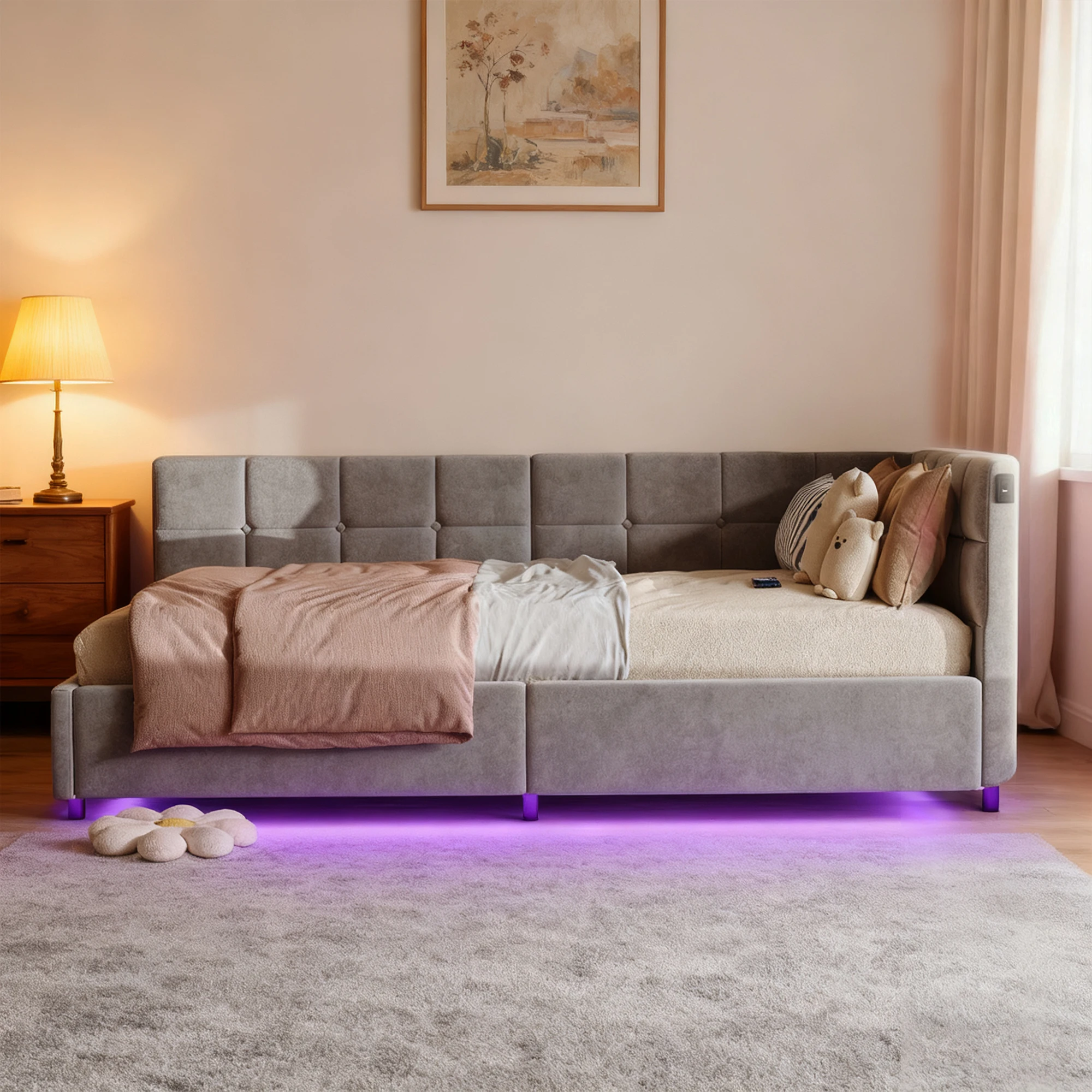 Polsterbett Schlafsofa 90x200 mit LED und USB, Tagesbett mit Hydraulischem Stauraum, Jugendbett Kinderbett Einzelbett Stauraumbett Daybett Gästebett Multifunktionsbett Bettgestell mit Lattenrost,