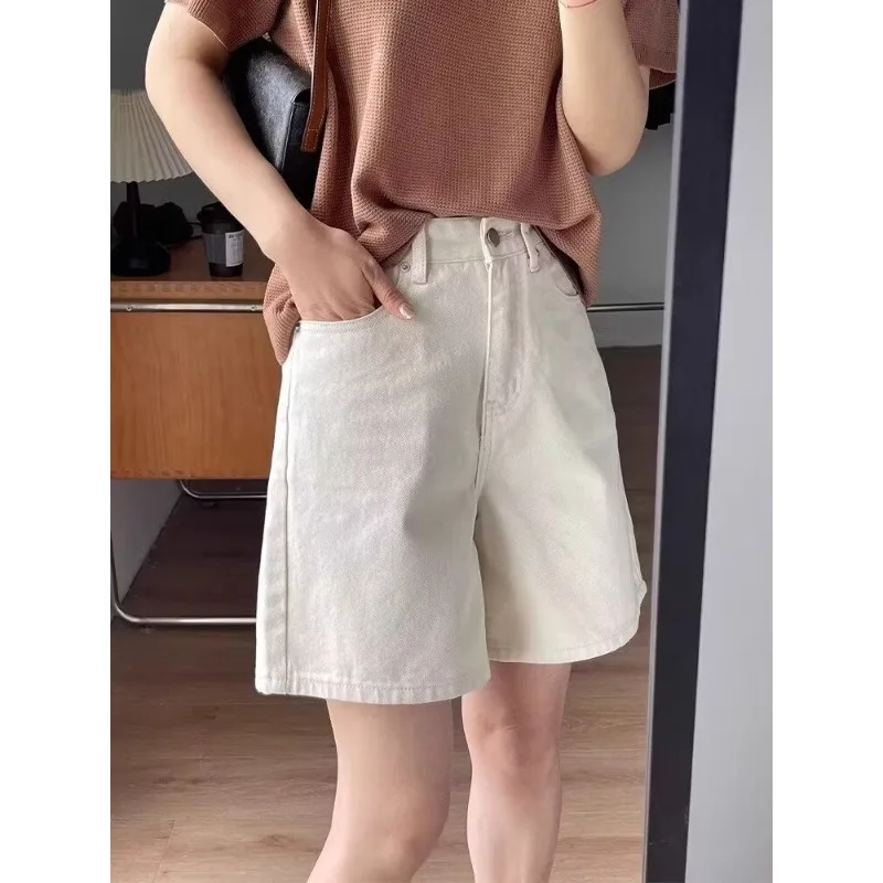 Damen-Jeansshorts Weiß Gerades Bein Lässig Weites Bein Hohe Taille Sommer Neu Schlanke Passform Vielseitig Image
