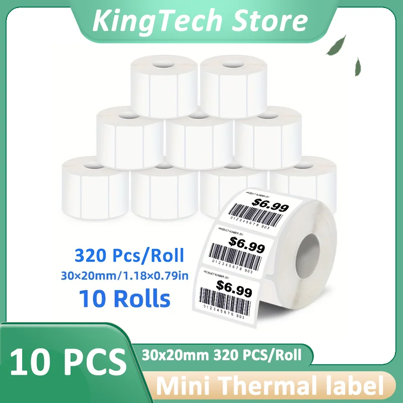 10 Rollen 30 x 20 mm (1,18 x 0,79 Zoll) leere weiße Etikettenaufkleber, 320 Etiketten/Rolle, perfekt für Barcodes, Artikelklassifizierung, Büro Image