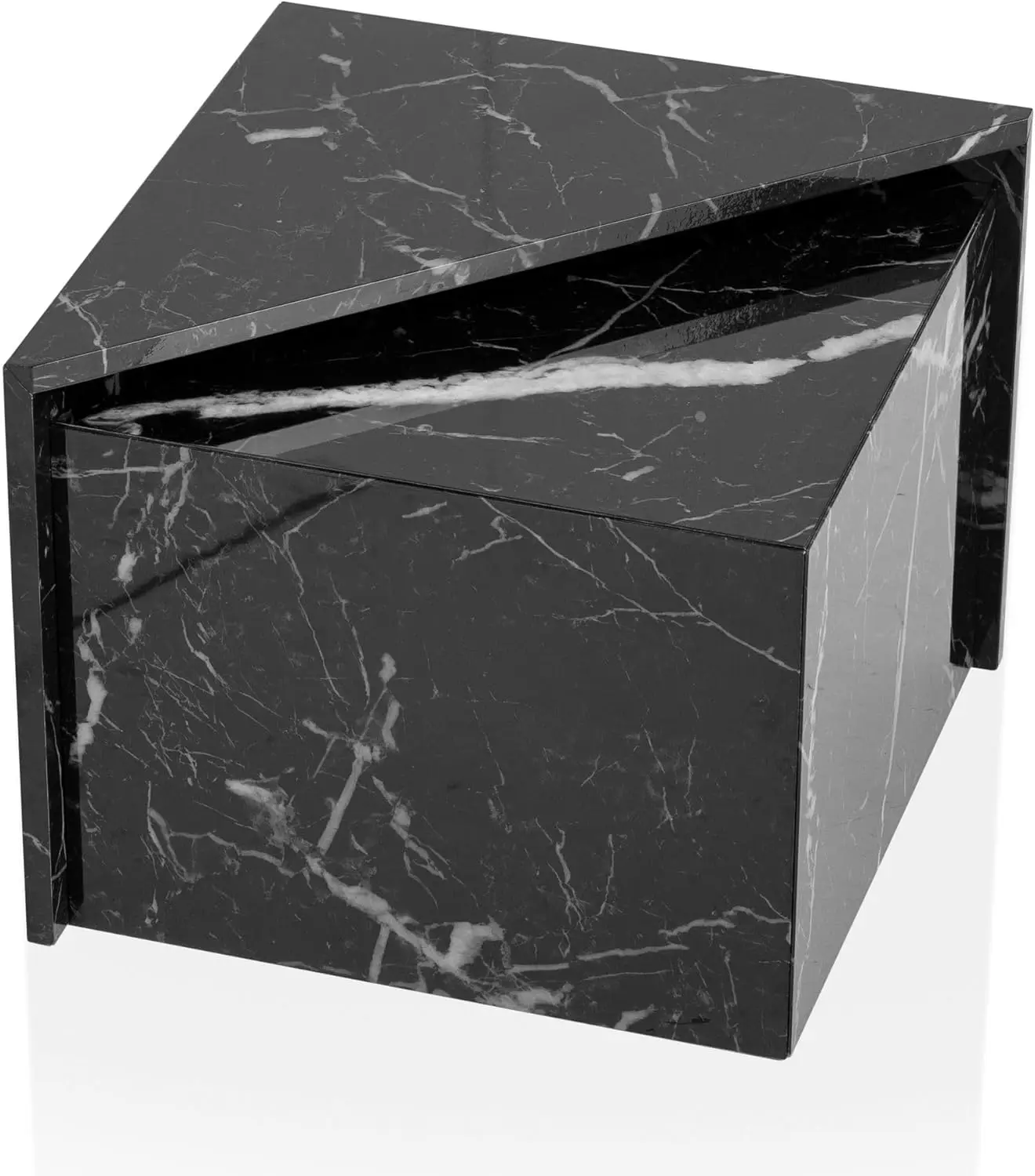 Couchtisch 2er-Set MONOBLOC Schwarz Hochglanz Sofatisch mit Marmor-Optik, Design Beistelltisch Eckig, Wohnzimmertisch