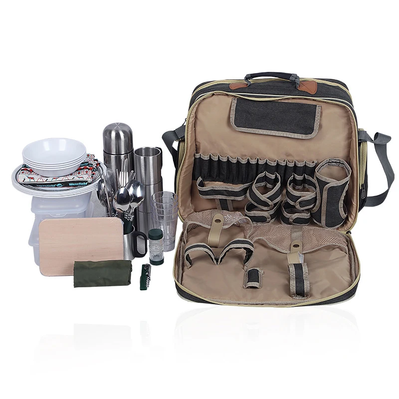 Tragbares Luxus-Camping-Picknick-Geschirr-Set, Geschirr-Set für den Außenbereich, mit isolierter Tasche, Camp-Kochzubehör für 4-Personen Image
