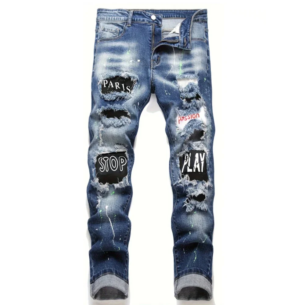 Männer y2k Stretchy Denim Jeans Zerrissene Skinny Brief Drucken elastische Taille Casual Hosen für Männer Loch Slim Fit Denim Hip Hop Hosen