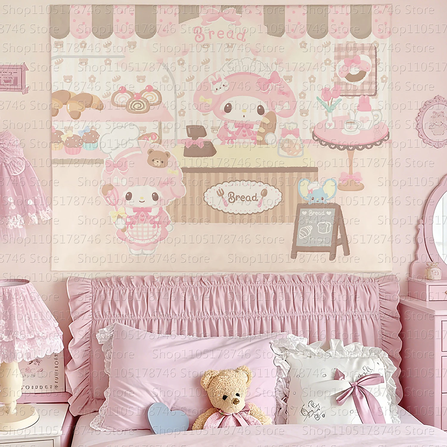 Kawaii Anime Hello Kitty Happy Birthday Wandbehang, niedlicher, modischer Hintergrund für Schlafzimmer, Heimdekoration, originelle Wandteppiche