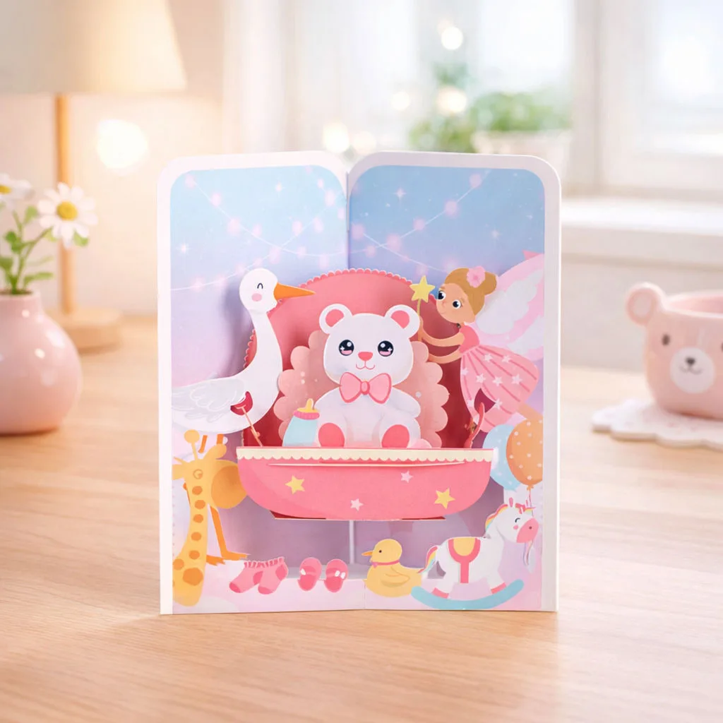 Rosa Pop-Up-Karte im Babywiegen-Design, geeignet für Geburtstage, Jubiläen und andere Anlässe Image