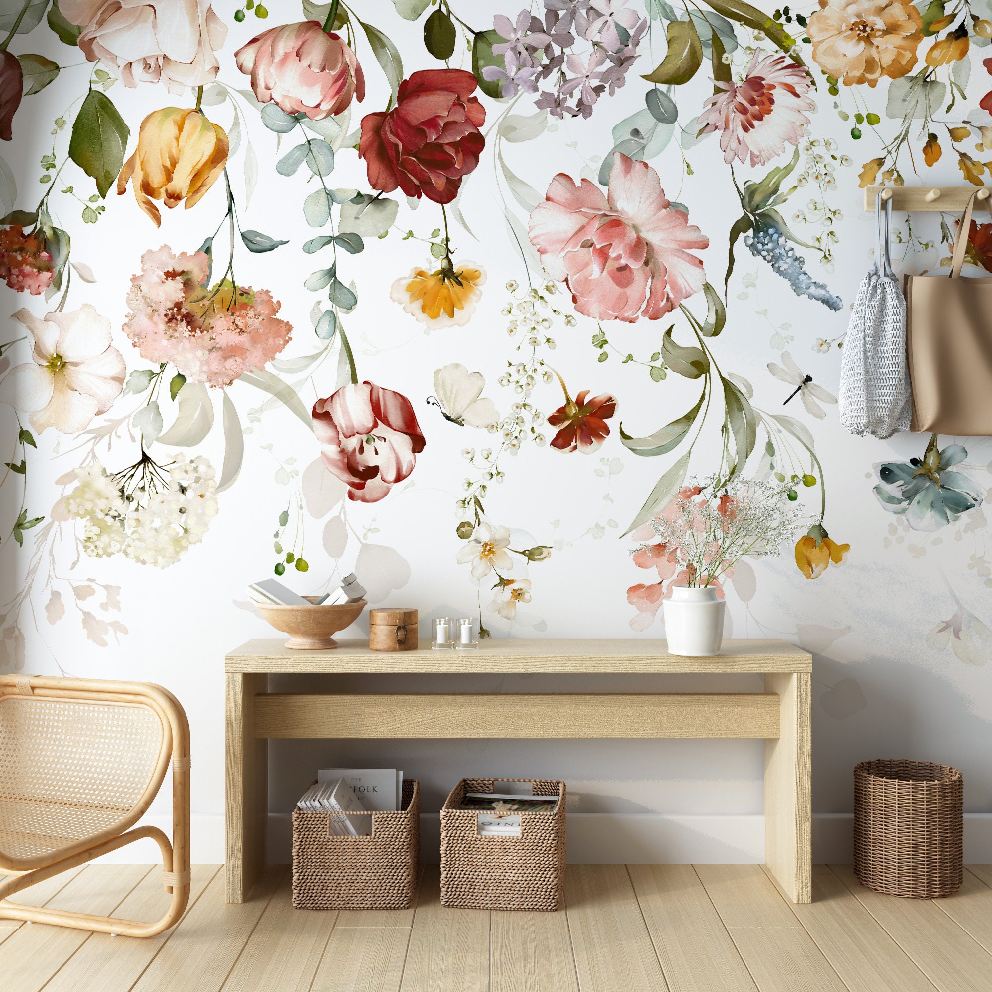 Carta da parati floreale ad acquerello / Adesiva / Murale floreale con fiori / Carta da parati boho / Decorazione murale con fiori di peonia