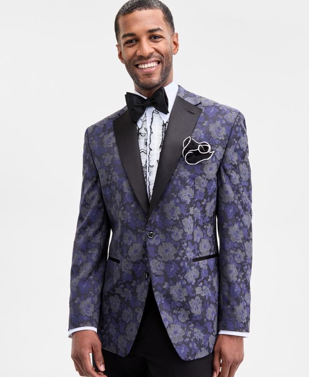 Classic-fit Gray & Purple Floral Jacquard Dinner Jacket - Blue - Tayion Collection Jackets