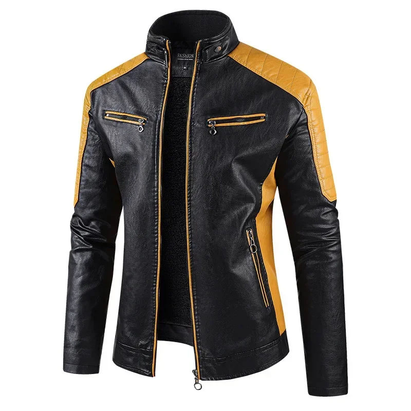 Giacche in pelle da moto con colletto alla coreana da uomo Giacche invernali in pile Cappotti in pelle PU slim fit Giacche casual alla moda maschile di alta qualità