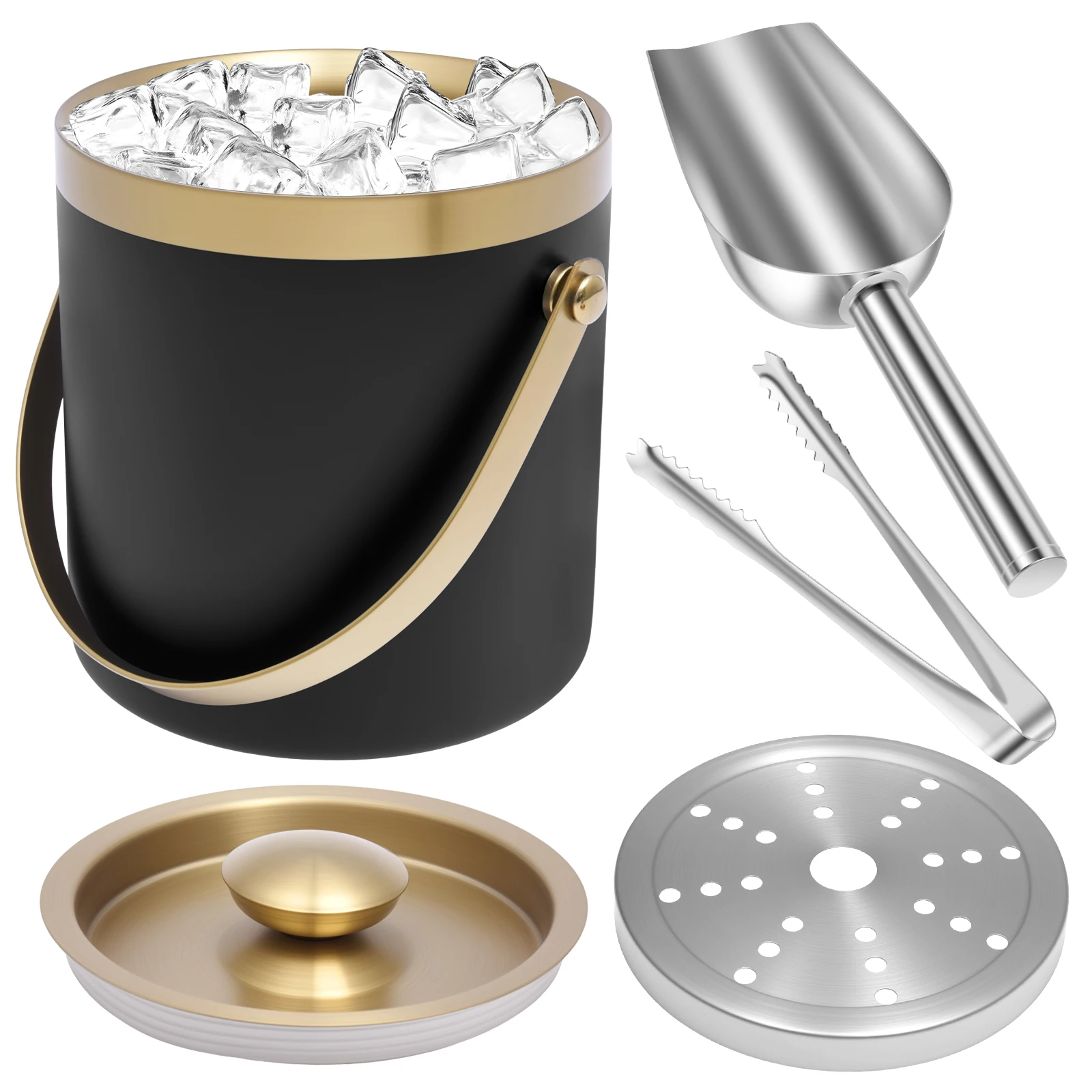 Seau à glace isotherme 2L, double paroi en acier inoxydable, avec couvercles et pinces, pour vin et champagne, idéal pour la maison, la cuisine et le bar