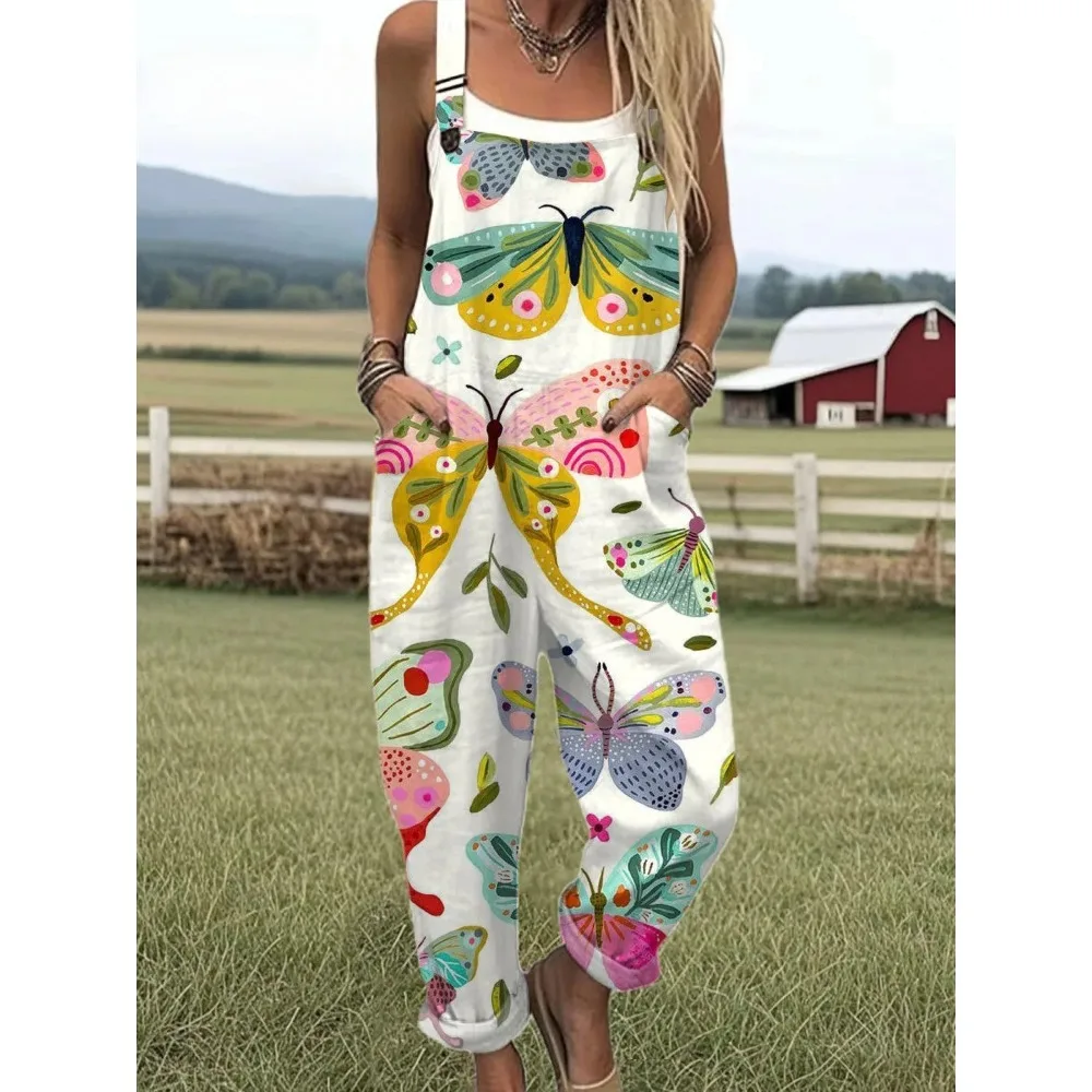 Damen-Overall mit verstellbaren Trägern, Schmetterlings- und Blumendruck-Overall für Bauernhof-/Freizeitausflüge, leichte, atmungsaktive Streetwear Image