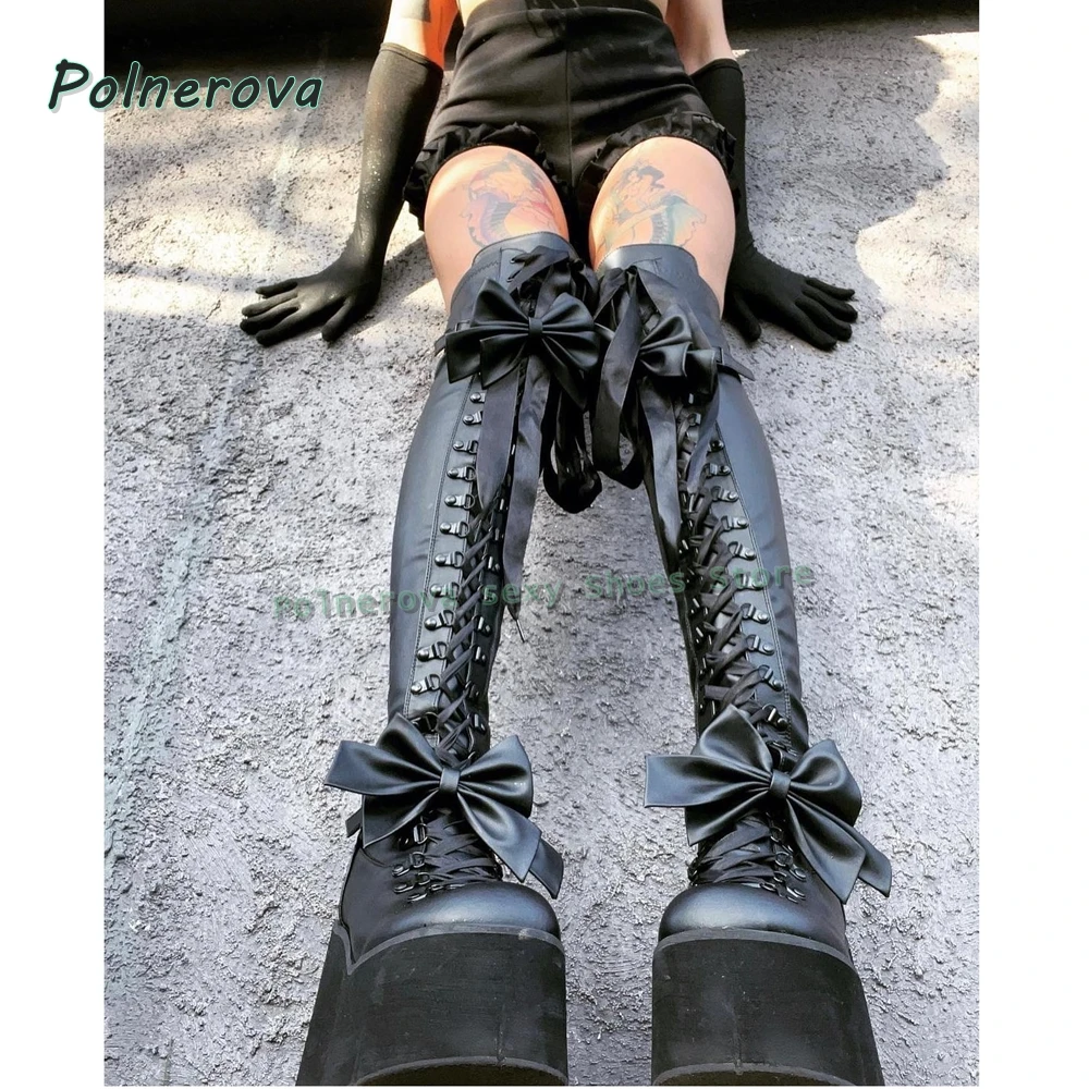 Sexy Plateau-Overknee-Stiefel mit Schleife, runder Zehenbereich, Keilabsatz, Kreuzgebunden, Cosplay, Y2K, lange Damenstiefel, 2025, Schuhe im Subkultur-Stil