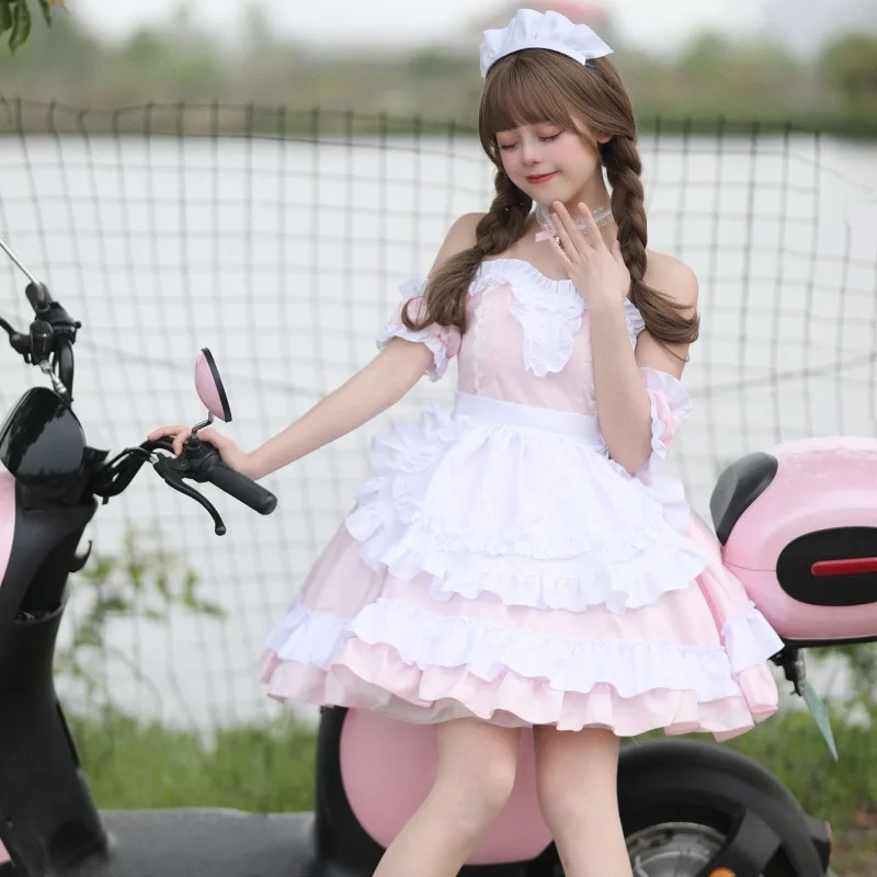 S-5XL Übergröße Rosa Dienstmädchen-Uniform Sexy Animation Show Lolita Trägerkleid Mädchen Sommer Schulterfrei Spitze Niedliches Kurzes Tüllkleid