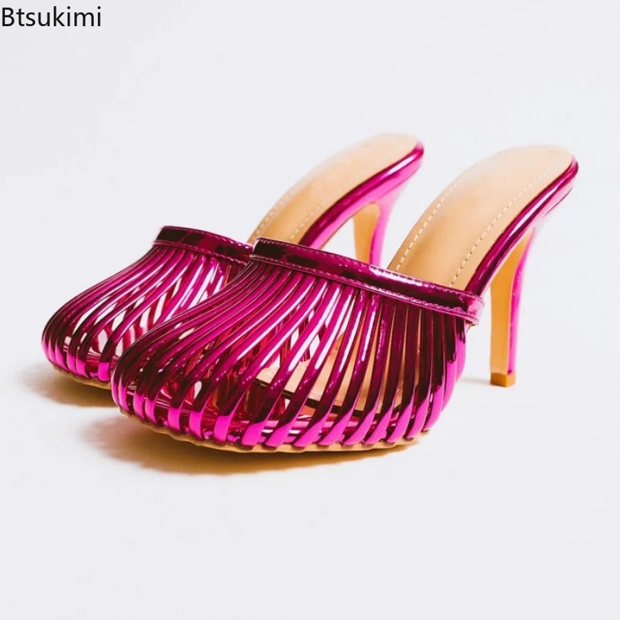 Neue 2026 Sommer Damen Caged Square Toe Pantoletten Elegante Outdoor Slip-On Stiletto High Heels Mules PU Schuhe Party
