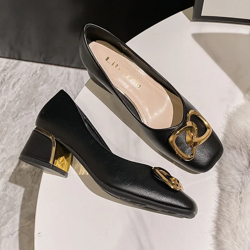 Frühling Sommer Schuhe für Frauen Mode Pumpen Neue OL Chunky Heels High Heels Schuhe Damen Leder Bootsschuhe 35-43