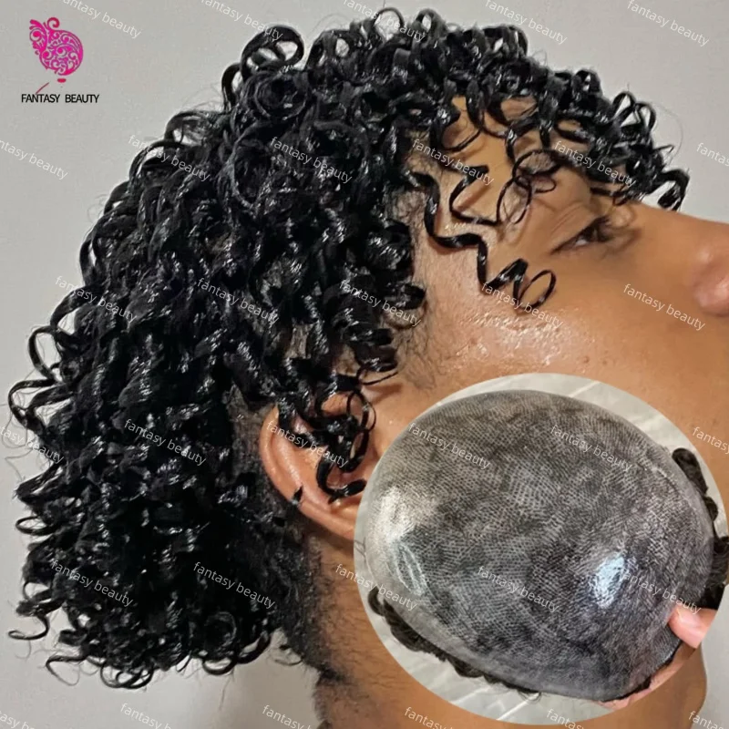 Männer Schwarz Grau 100% Echthaar Toupet 18mm Lockige Afro Stil Langlebige Injektion Volle pu Haut Basis Männliche prothese haar für mann perücke Image