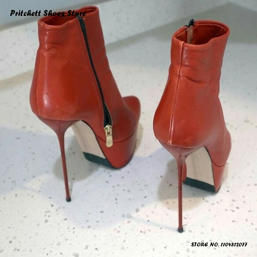 Damen Rote Plateau-Stiletto-Stiefeletten Frühling Herbst Sexy Einfarbige Reißverschluss-Knöchelstiefel Runde Zehen Dünne Absätze Trendige Party-Schuhe