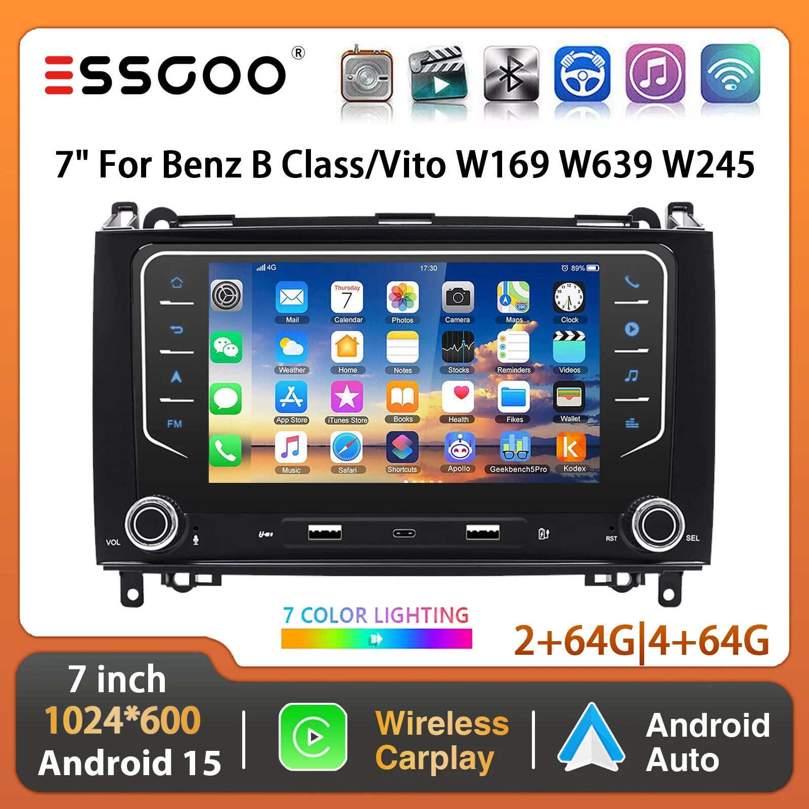 ESSGOO 7-Zoll Android 15 64G Autoradio für Benz B-Klasse W169 W245 Vito W639 mit Carplay GPS NAVI WIFI SWC RDS BT USB Touchscreen Image