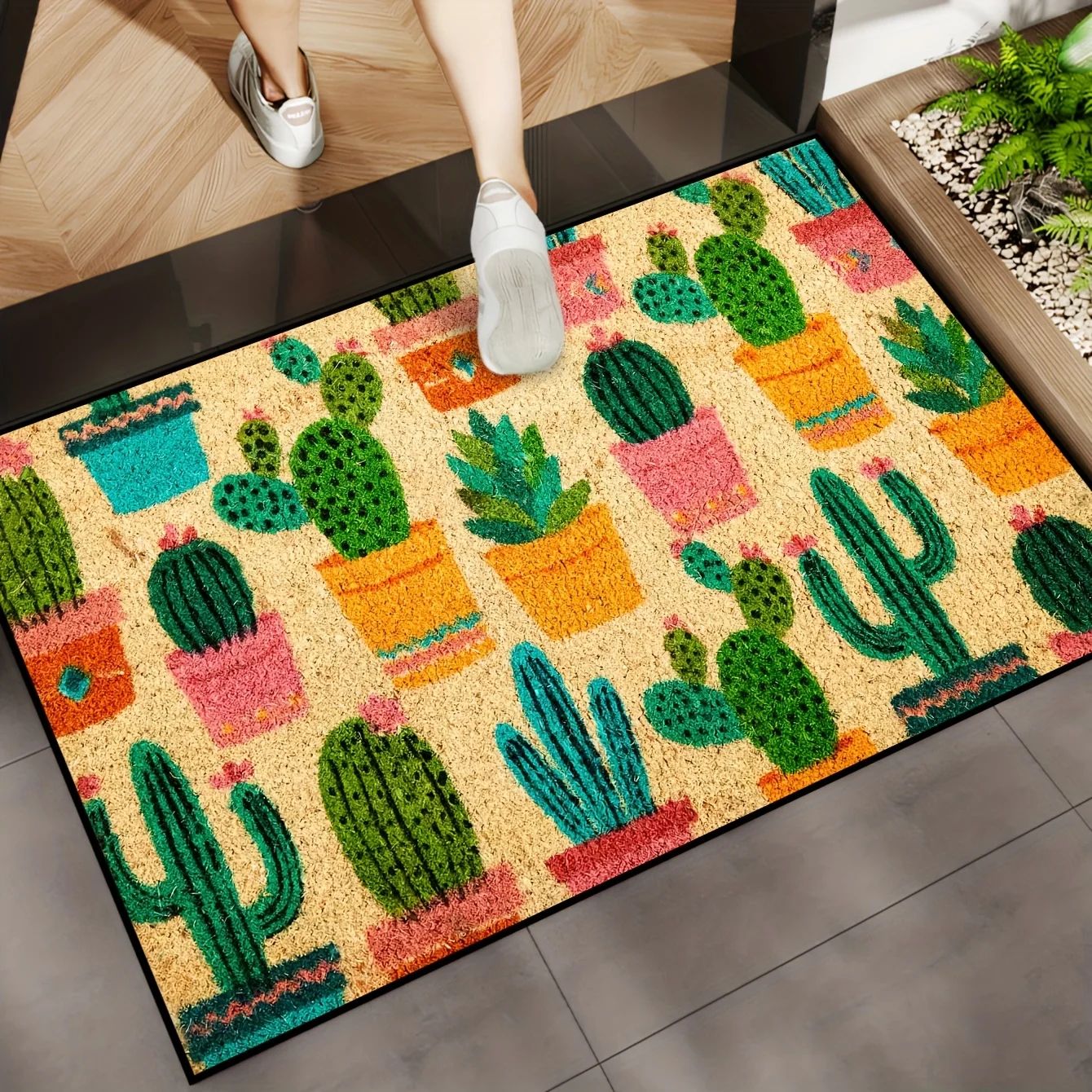 Fußmatte mit buntem Kaktus-Muster, rutschfester Druck, Eingangsteppich für Boho-Heimdekoration Image