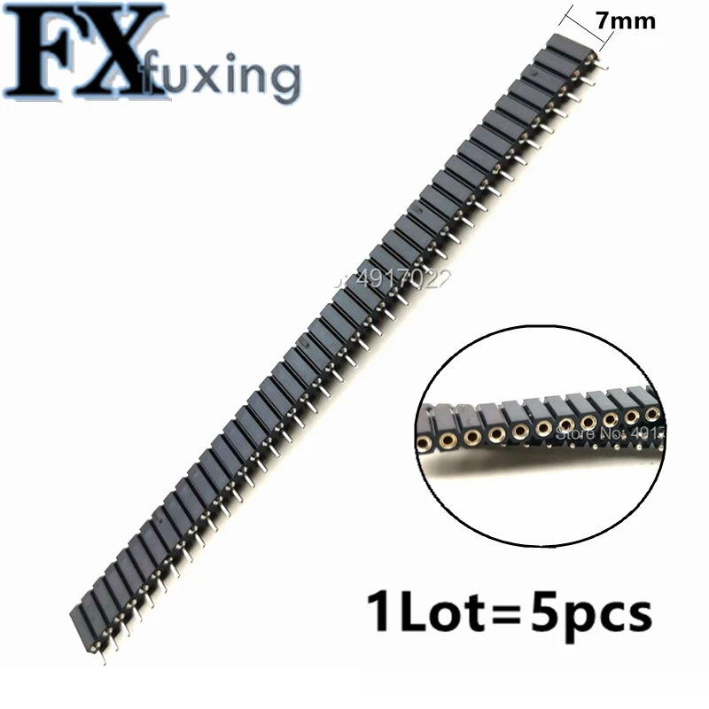 5 Stück 1 x 40 einreihiger Buchsenstecker, rundes Loch, 1 x 40, 7 mm hoch. Pin 2,54 mm Board-to-Board-Stecker Image