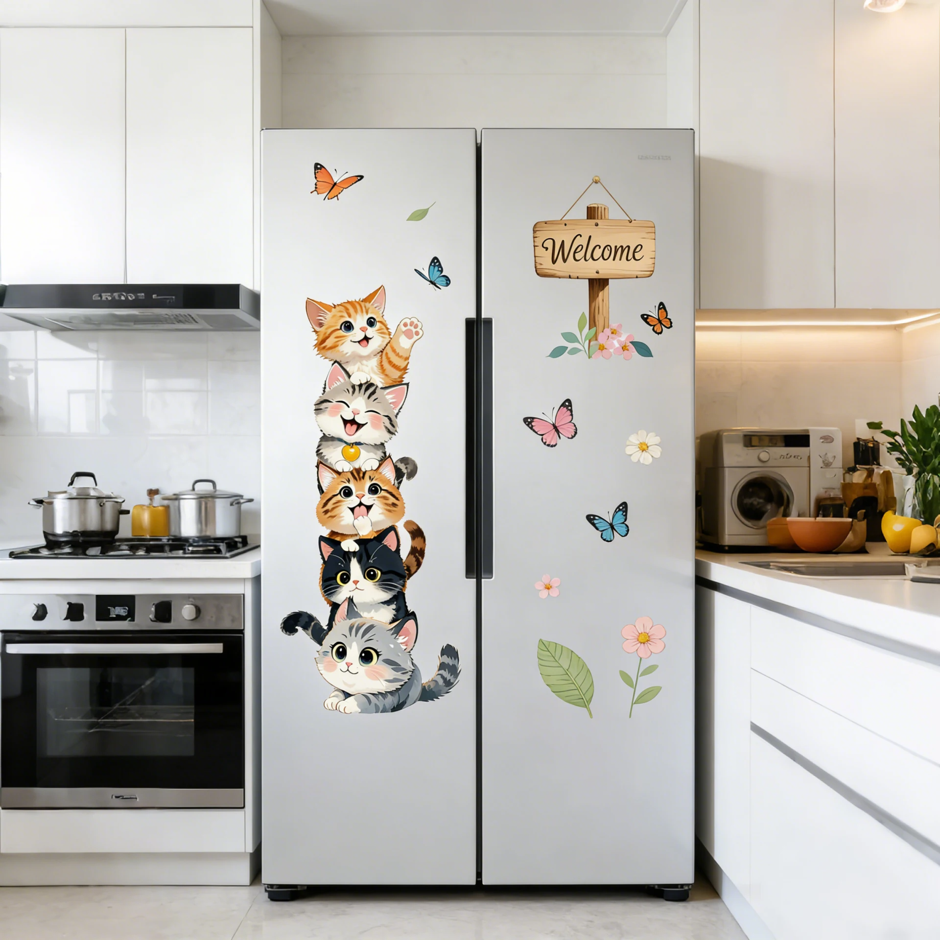 Katzen- und Schmetterlings-Wandaufkleber Kinderzimmer-Deko Selbstklebende Wandtattoos Großhandel Niedliche Tier-Themen Raumdekoration