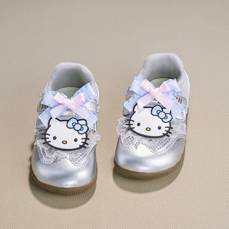 Kinderschuhe im Casual-Stil ​ Turnschuhe aus PU-Leder mit Schleife, Hello Kitty, Frühlingsschuhe für Mädchen, rutschfeste, weiche Unterseite, silbrig, Größe 22–31