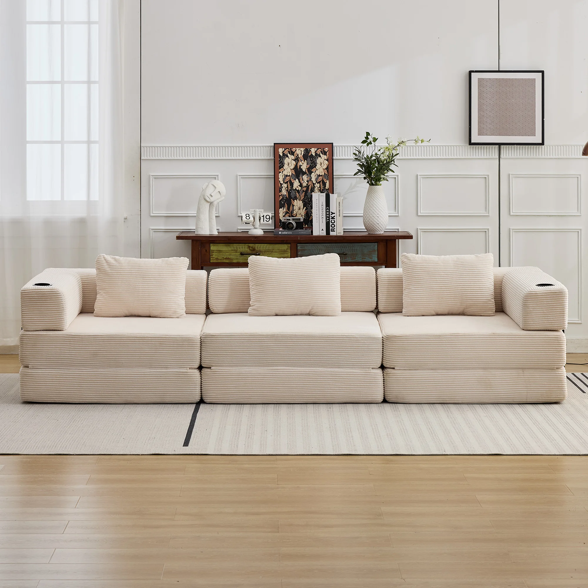 Ohne Montage 3-Sitzer Schlafsofa, Faltbare Bodencouch Umwandelbar in Geräumiges Bett, Mehrpersonen-Cordsofa für Wohnzimmer Image