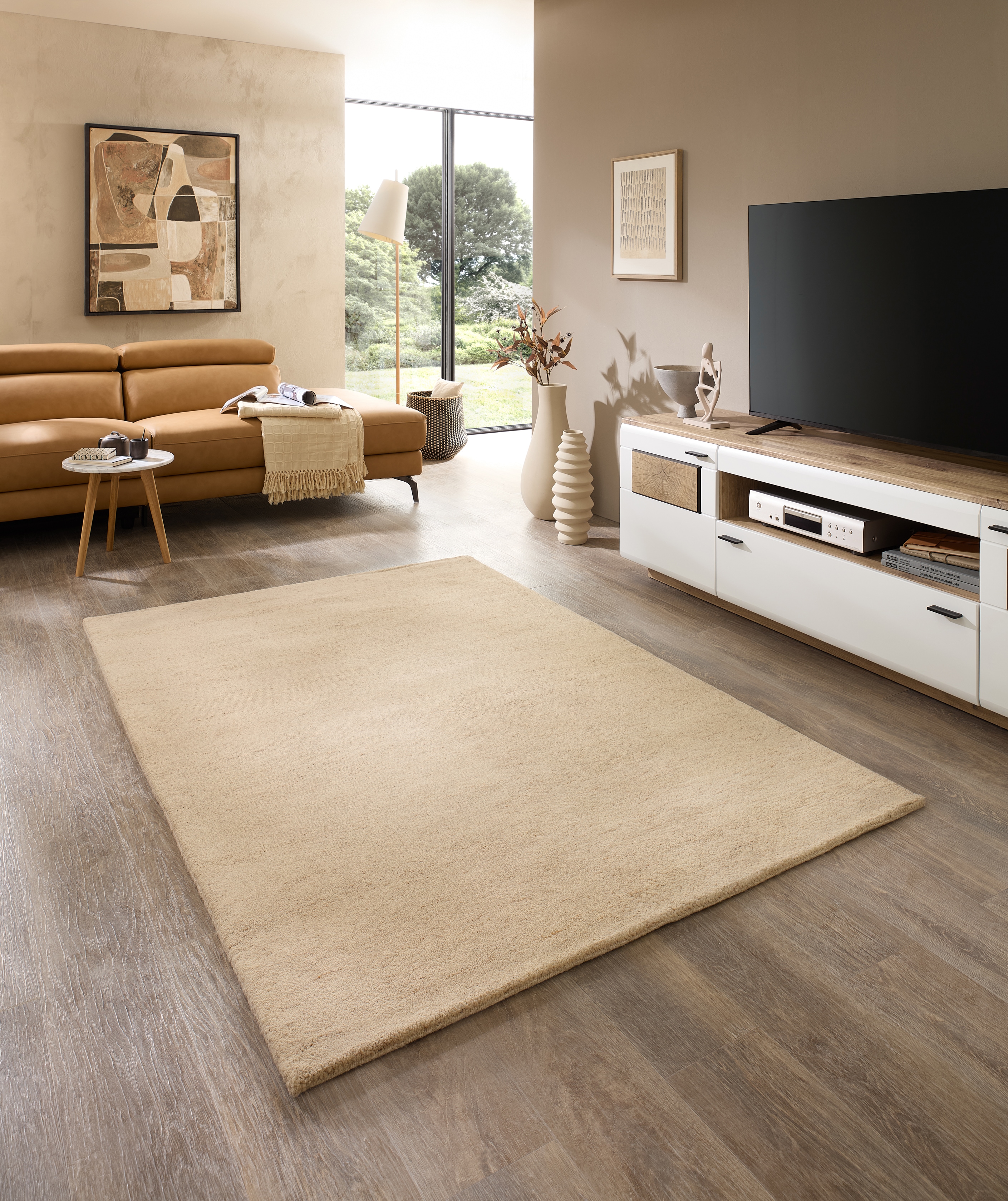 Wollteppich THEKO "Fjell Uni", hell beige, B:200cm H:19mm L:300cm, Schurwolle, Teppiche, handgeknüpft, reine Schurwolle, Unifarben, meliert Image