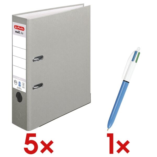 Herlitz 5x Ordner »maX.file nature plus« breit inkl. 4-Farb-Kugelschreiber »4 Colours« grau, 8x31.8x28.5 cm