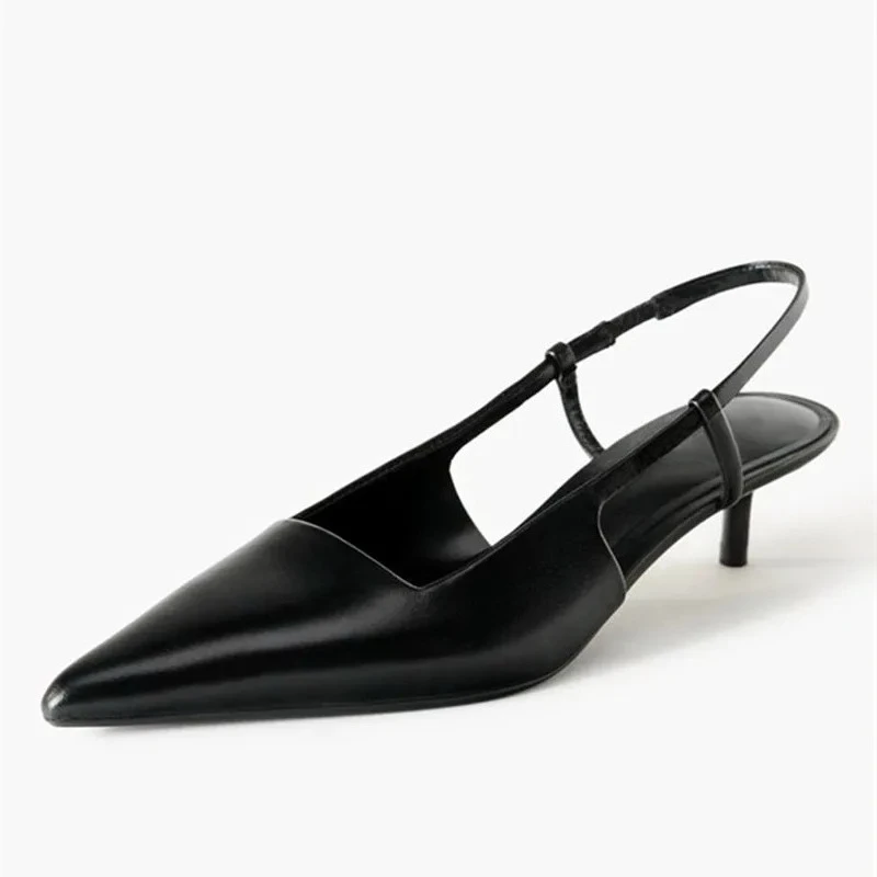 Sexy Black Pointed Toe Pumps Women Fashion Shallow Back Strap Thin Heel Dress Shoes Comfort Soft Leather Commuting Office Shoes