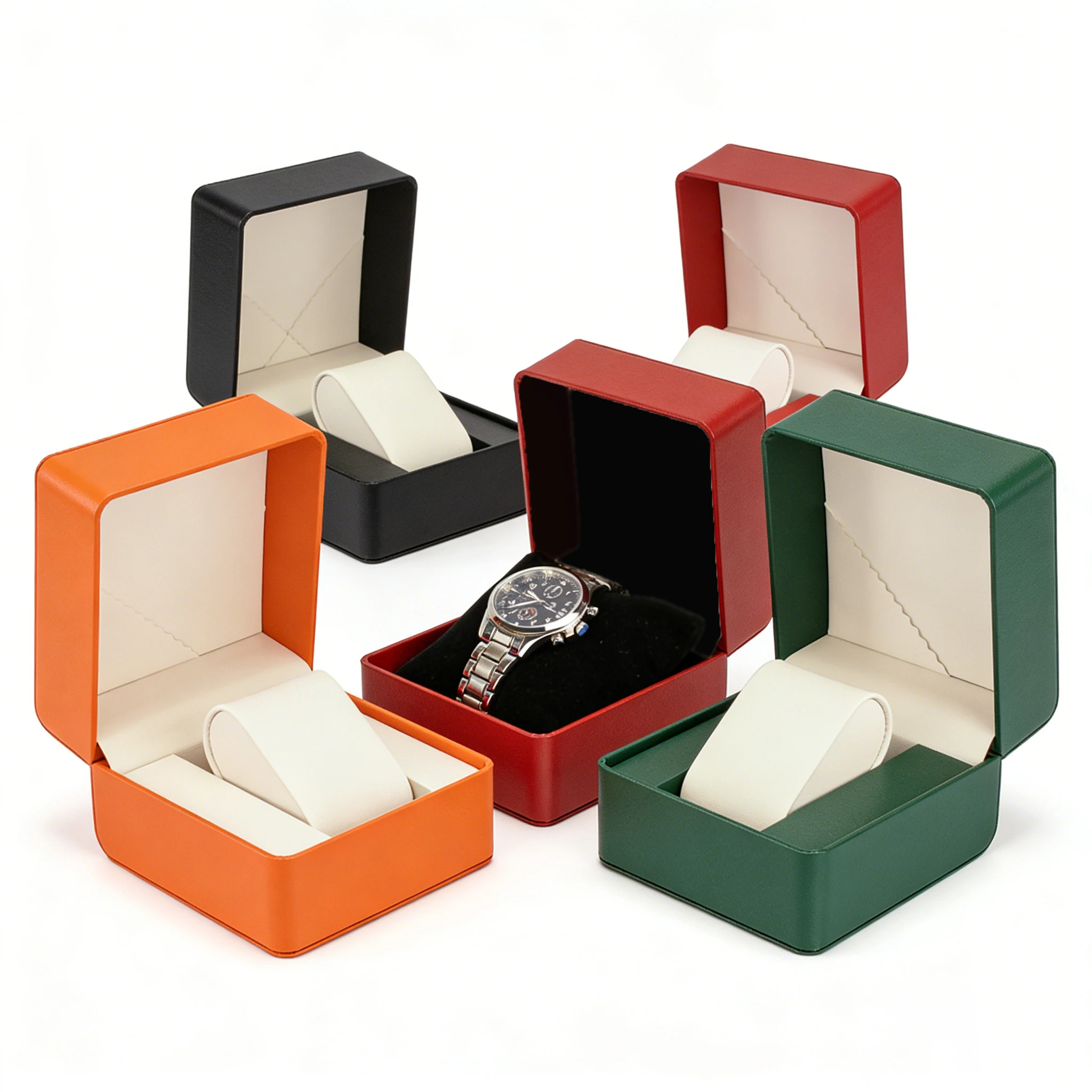 PU-Leder Armbanduhr-Präsentationsbox Organizer Schwarz Einzelne Uhren-Geschenkbox mit Kissen Klappbare Uhrenabdeckung für Herren Image