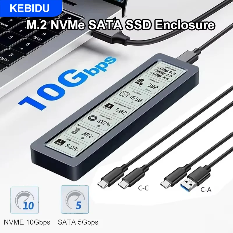 KEBIDU M.2 NVMe SATA SSD-Gehäuse Visuelles Smart-SSD-Gehäuse USB 3.2 Gen 2 10Gbps NVMe PCI-E Festplattengehäuse Aluminium USB-C-Adapter Image