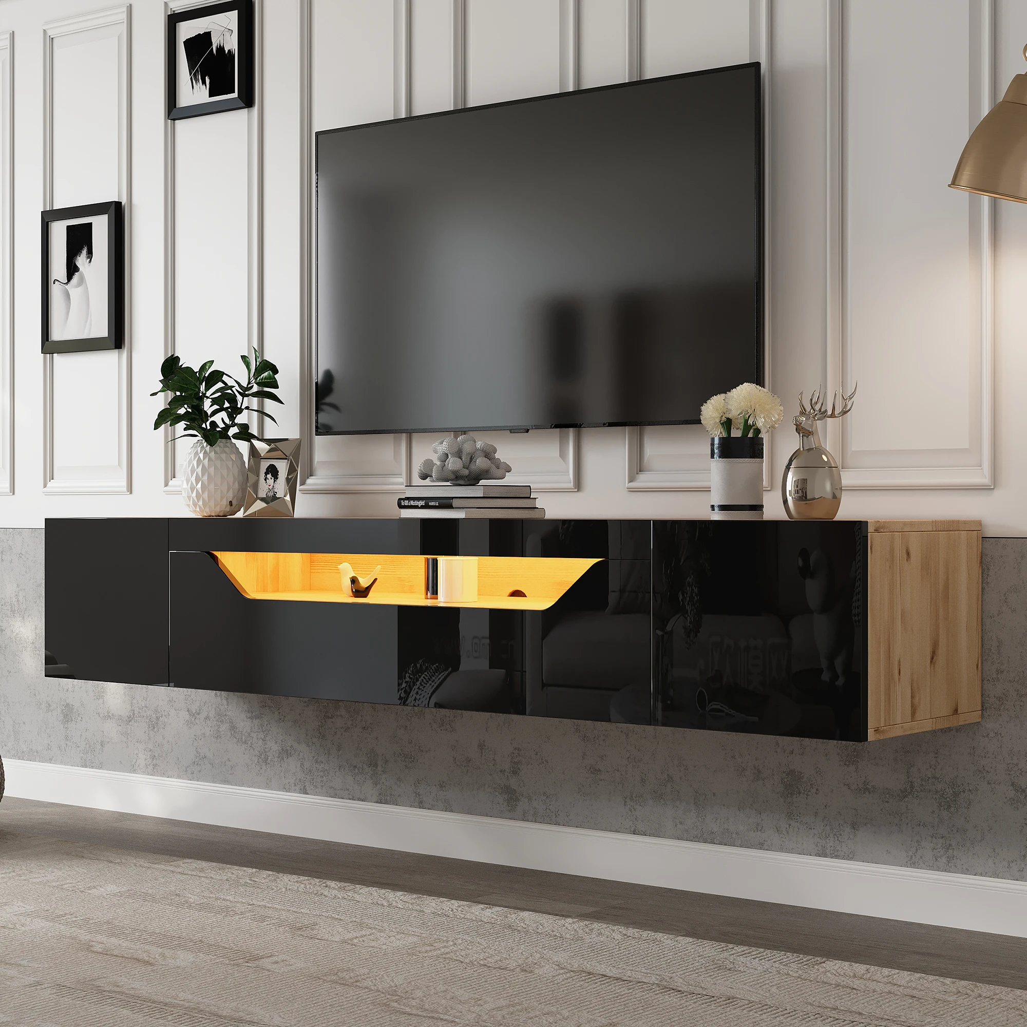 TV-Schrank mit 3 Aufbewahrungsfächern, Lowboard, schwebende wandmontierte TV-Einheit, Hochglanz-TV-Schrank mit LED-Beleuchtung, TV-Tisch