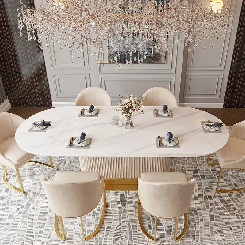 Neue Luxus Moderne Einfache Glänzende Rock Platte Esstisch Und Stühle Set Oval Haushalt Kleine Französisch Creme Wind Esstisch