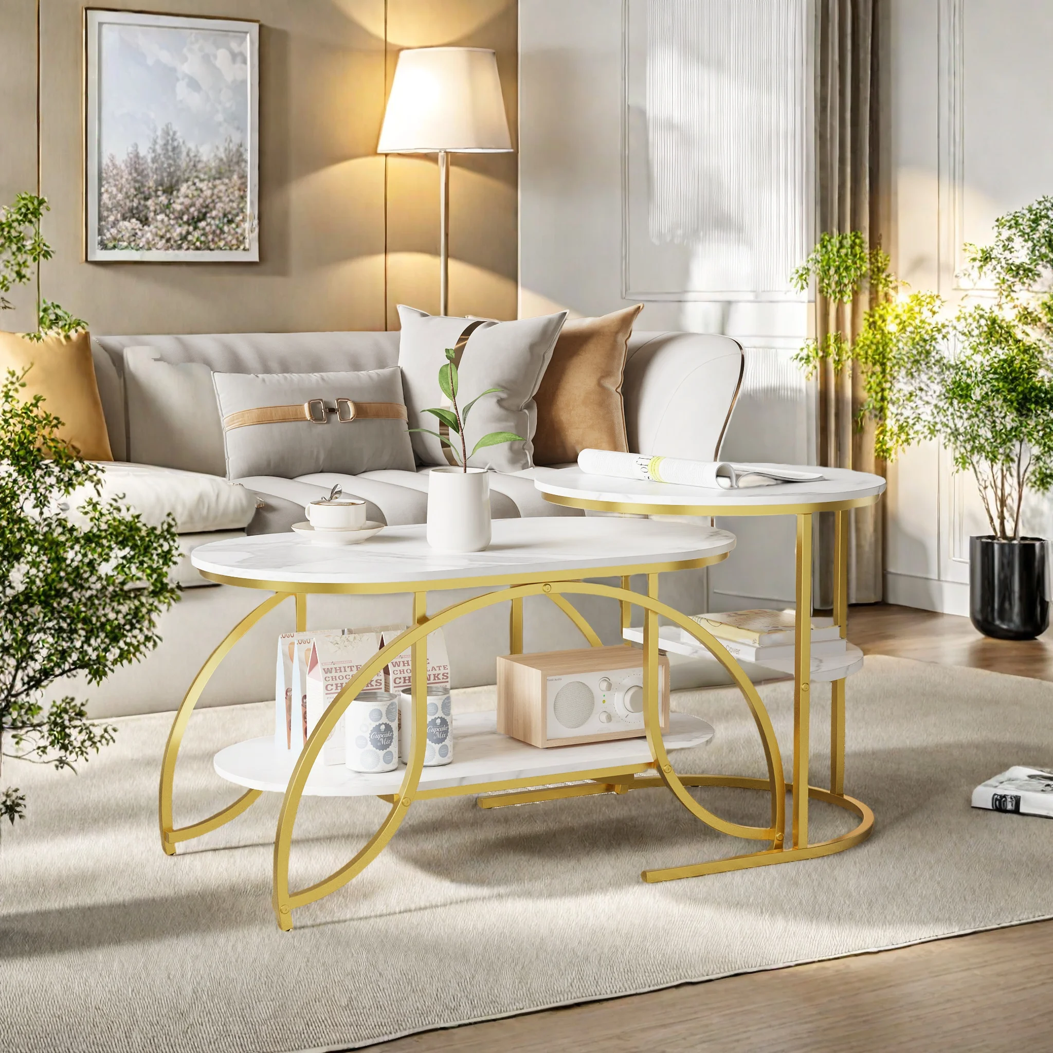 2-Teiliges Couchtisch-Set, Couchtisch 2er Set, Moderne Nesting Kaffeetisch, Beistelltisch Marmor Optik mit Metallrahmen, Wohnzimmertisch mit Stauraum, Marmor Tisch für Wohnzimmer, Schlafzimmer, Weiß +