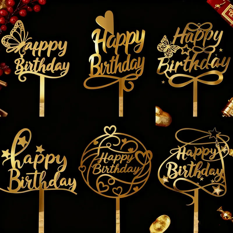 Neue Goldene Acryl Happy Birthday Tortendekoration Dessert-Verzierung für Geburtstagsfeier Tortenaufsatz für Babyparty Geschenk Kuchenflaggen Image