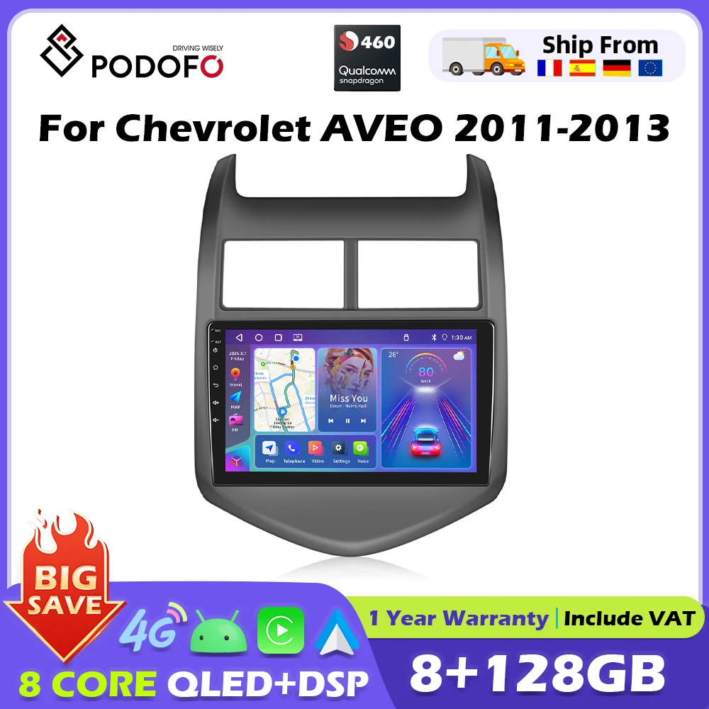 Podofo 2-DIN Autoradio für Chevrolet AVEO 2011 2012 2013 mit Carplay, Android Auto, GPS-Navigation, FM, RDS, WiFi, DSP, BT-Audio Image