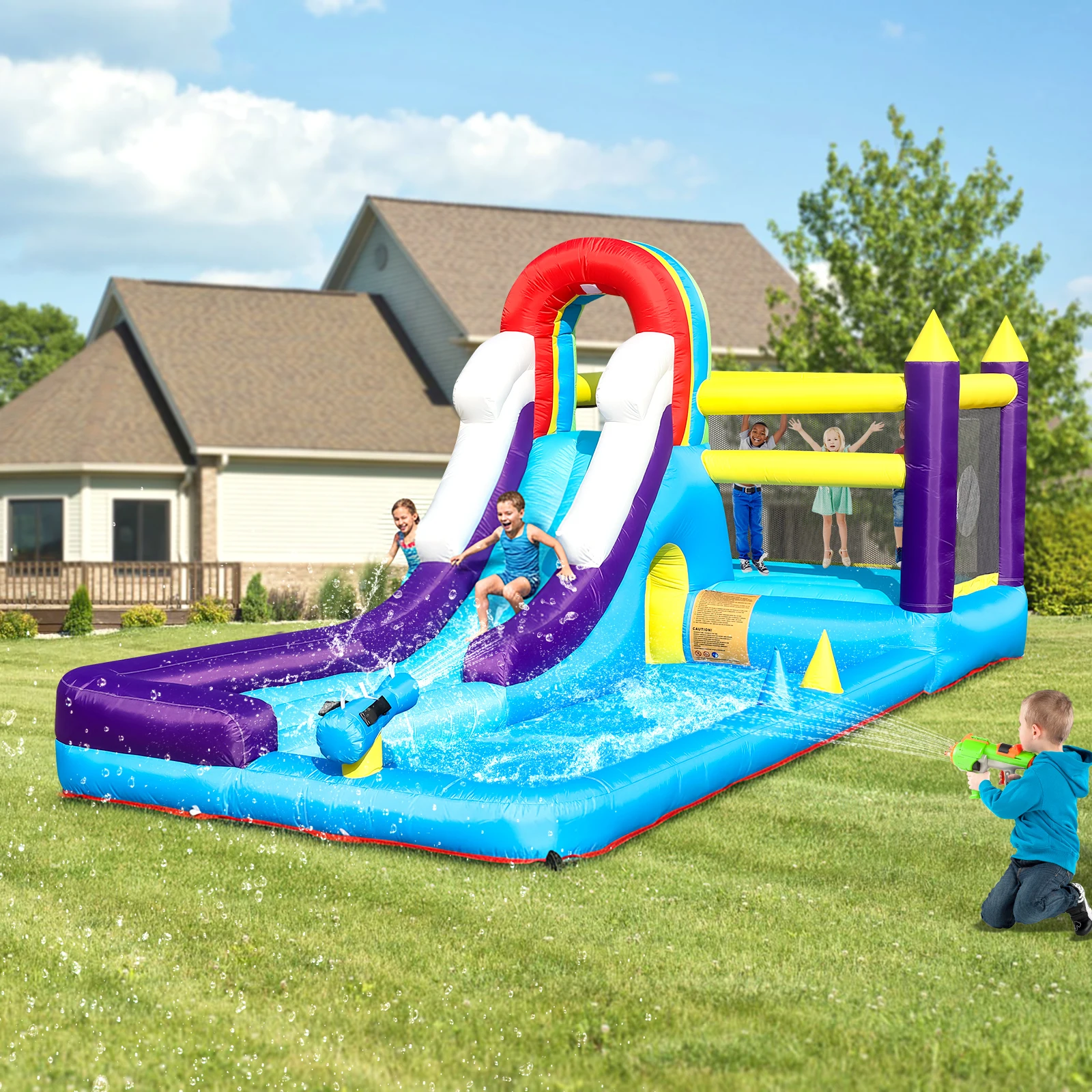 Neue aufblasbare Wasserrutsche aus Oxford-Gewebe, 16 Fuß (4,9 m), mit Planschbecken und 480-W-Luftgebläse für Kinderpartys Image