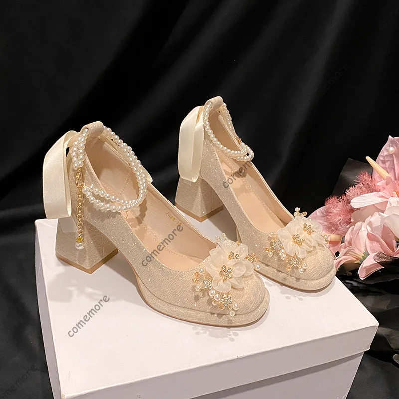 Comemore Perle High Heels frauen Schuhe Mode Quadratischen Kopf Aprikose Blumen Knöchel Schnalle Einzelnen Schuhe Hochzeit Braut Pumpen Frauen