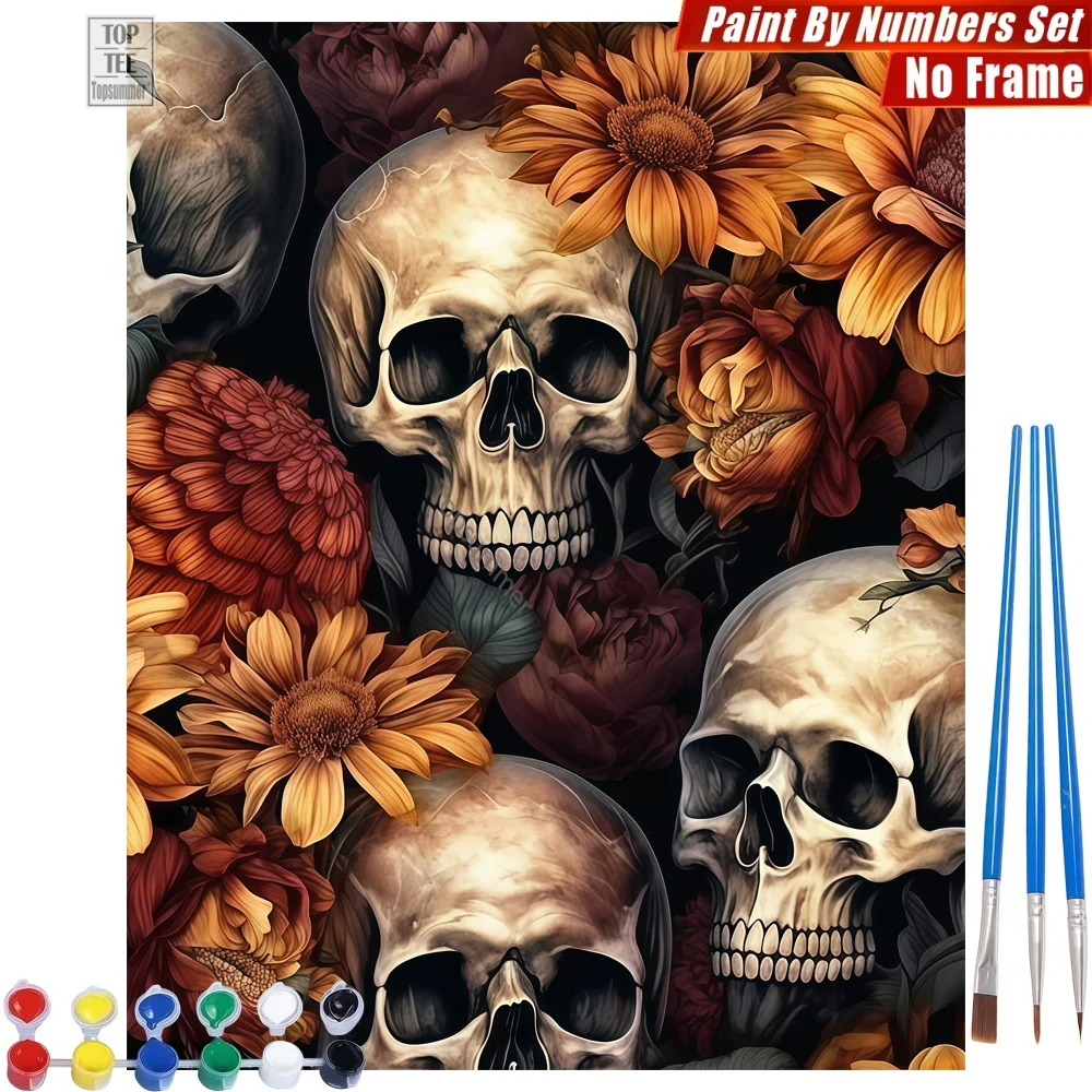 Malen nach Zahlen Set mit verflochtenen Totenköpfen und Blumen - Totenkopf-Blumen-Kunst Wandkunst Heimdekoration Vatertagsgeschenk für Papa Image