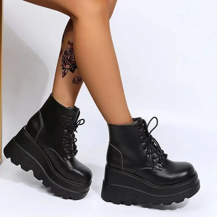Dicke Sohle Große Größe 43 Damenstiefel Schnür-Kurzstiefel Keilabsatz-Schuhe für Frauen 2026 Leder High Heels Plateau-Stiefel Damen