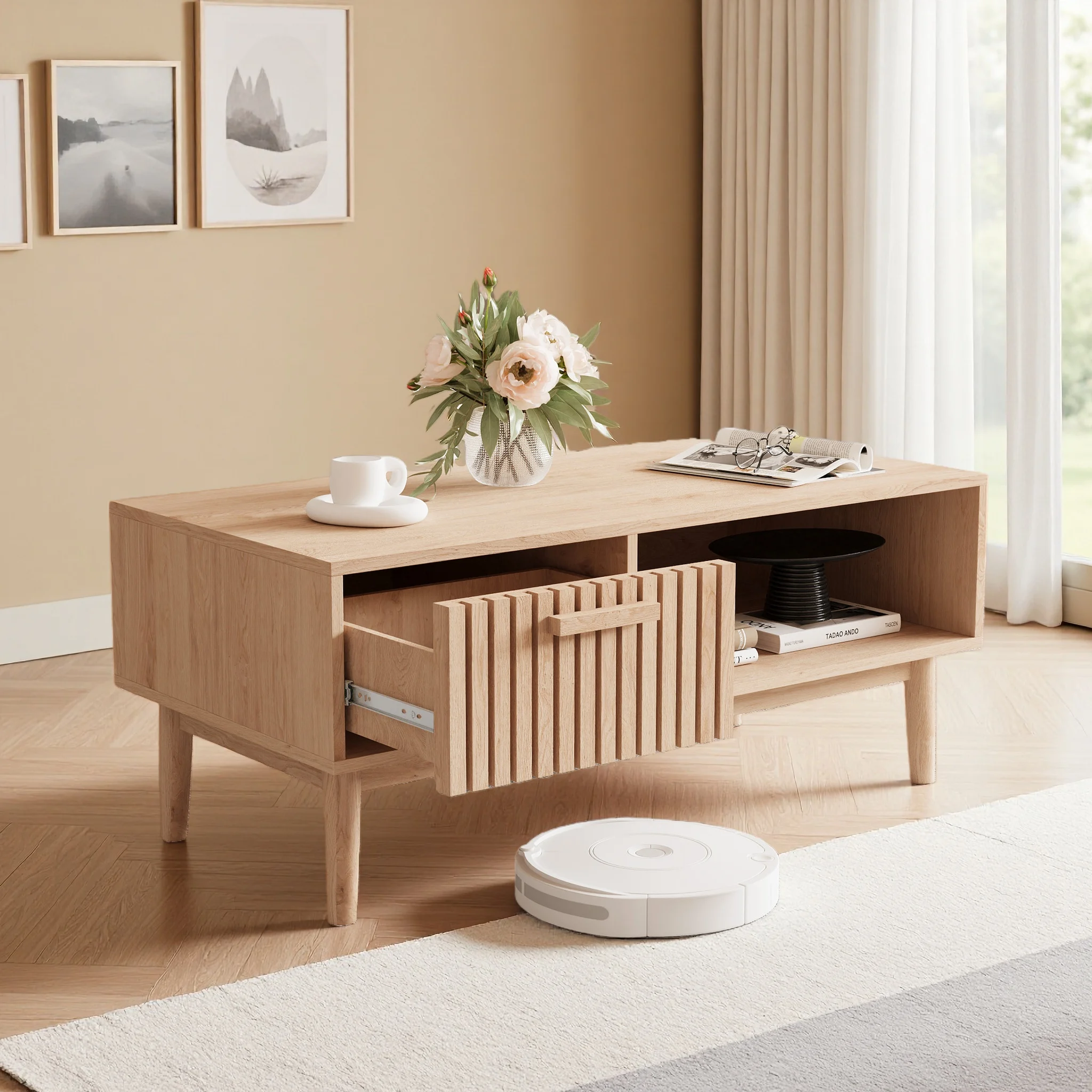 Superaly 100 x 50 x 43 cm moderner Rattan-Couchtisch, Wohnzimmertisch aus Holz mit Schublade, für Wohnzimmer und Schlafzimmer, Holzfarbe